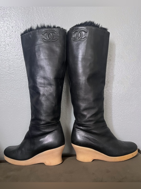 CHANEL Shoes - CHANEL Black Leather calf high Boots with Beige Wedge Sole and Fur lining